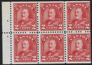 1930 Canada SG.291a 2c scarlet booklet pane of 6 'trimmed' cat. value £27.00. U/M (MNH)