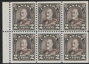 1931 Canada SG.292a 2c deep brown booklet pane of 6. nicely centred U/M (MNH)