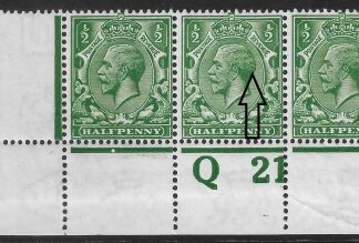 KGV. ½d dp.green. Royal Cypher. N14(2) control Q21 with unlisted variety 'curl in hair' Perf M/M