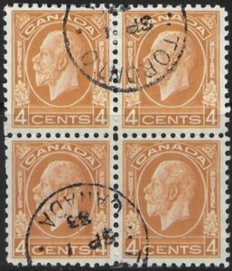 1932 Canada SG.322 4c yellow brown. block of 4 very fine used.