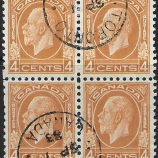1932 Canada  SG.322 4c yellow brown. block of 4 very fine used.