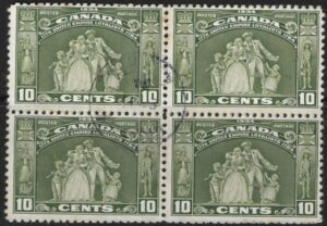 1934 Canada SG.333 10c olive green block of 4 very fine used.