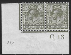 KGV. 7d olive Royal Cypher N27(1) control C.13 pair U/M (MNH)