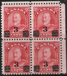 1932 Canada SG.314 3c on 2c scarlet die I block of 4 U/M (MNH)