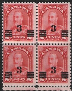 1932 Canada SG.314a 3c on 2c scarlet. die II block of 4 U/M (MNH)