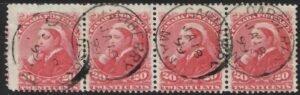 1893 Canada SG.115 20c vermilion. strip of 4 fine used. (minor damage on left stamp)
