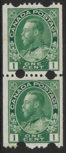 1912 Canada SG.217a 1c blue green with 2 large holes at top & bottom. experimetal Toronto coil vertical pair. M/M