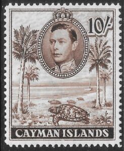 1943 Cayman Is. SG.126a 10/- chocolate perf 14 mounted mint.