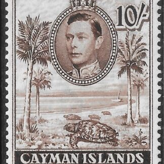 1943 Cayman Is. SG.126a  10/- chocolate perf 14  mounted mint.
