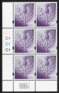 S 137 Scotland £1.05  thistle  cyld. C1 x 4 phos.C1    grid  R2 C4  Cartor U/M (MNH)