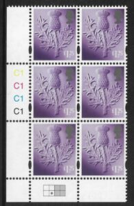 S 162 Scotland £1.25  thistle  cyld. C1 x 4  phos.C1   grid  R2 C2  Cartor U/M (MNH)