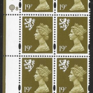 S 81  Scotland  19p bistre CB cyld Q8Q8  (blue fluor) Questa  U/M (MNH)
