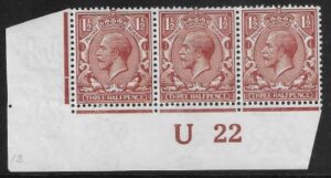 KGV. 1½d chestnut Royal Cypher. Control U22 corner strip of 3 imperf U/M