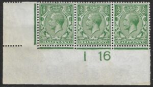 KGV. ½d green Royal Cypher. corner strip 3 Control I16 imperf M/M