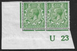 KGV. ½d green Royal Cypher. corner pair Control U23 imperf M/M