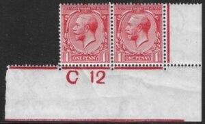 KGV. 1d red Royal Cypher. Control C12 corner pair imperf. M/M