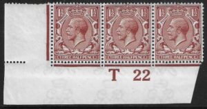 KGV 1½d brown control T22 corner strip 3 Royal Cypher imperf M/M