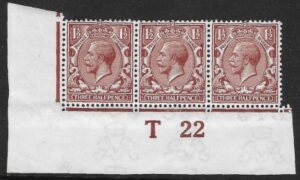 KGV. 1½d brown control T22 corner strip 3 Royal Cypher imperf M/M