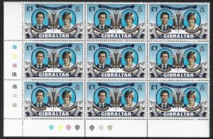 1981 Gibraltar SG.450   £1.00 Charles & Diana. plate block of 9 U/M (MNH)