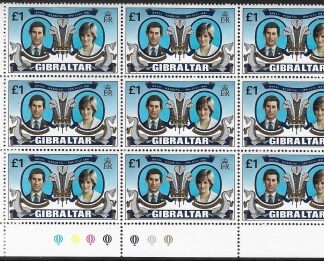 1981 Gibraltar SG.450   £1.00 Charles & Diana. plate block of 9 U/M (MNH)