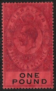 1912 Gibraltar SG.85 £1 dull purple and black/red lightly mounted mint.