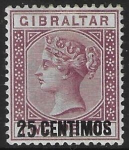 1889 Gibraltar SG.17ab 25c on 2d brown purple. variety small 'I' mounted mint.