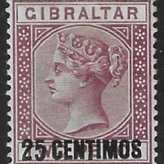 1889  Gibraltar  SG.17ab  25c on 2d brown purple. variety small 'I'  mounted mint.