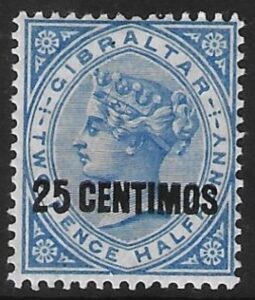 1889 Gibraltar SG.18 25c on 2½d bright blue. mounted mint.