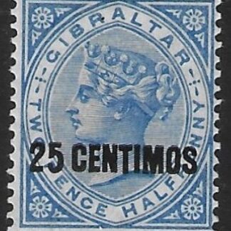1889  Gibraltar  SG.18  25c on 2½d  bright blue. mounted mint.