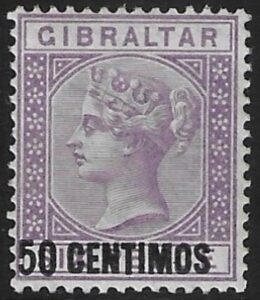 1889 Gibraltar SG.20 50c 0n 6d bright purple mounted mint.