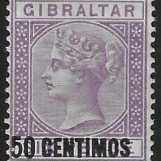 1889  Gibraltar  SG.20  50c 0n 6d bright purple  mounted mint.