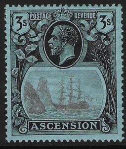 1924-33 Ascension Island SG.20 3/- grey-black and black/blue. lightly mounted mint.