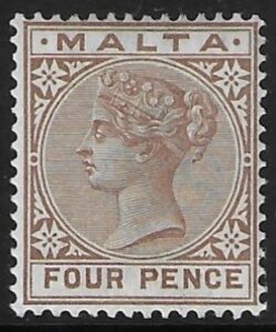 1885-90 Malta SG.27 4d brown perf 14 crown CA U/M (MNH)