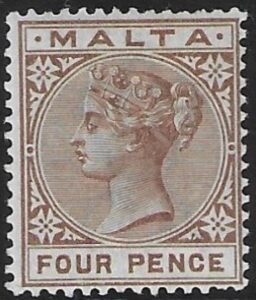 1885-90 Malta SG.27 4d brown perf 14 crown CA mounted mint
