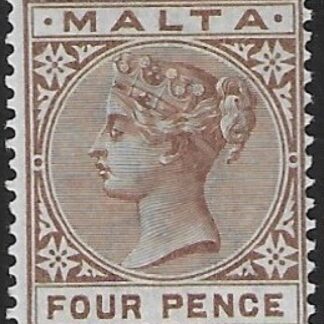 1885-90  Malta  SG.27  4d brown  perf 14 crown CA  mounted mint