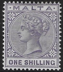 1885-90 Malta SG.28 1/- violet perf 14 crown CA mounted mint