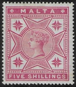 1886 Malta SG.30 5/- rose mounted mint