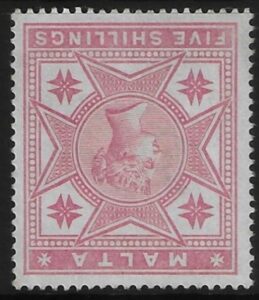 1886 Malta SG.30w 5/- rose inverted watermark. mint No Gum.