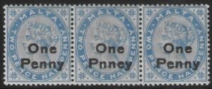 1902  Malta  SG.37a   2½d bright blue  error overprint 'PNNEY' with 2 normal. U/M (MNH)