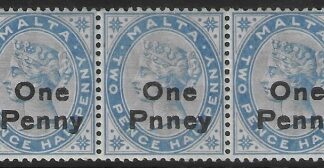 1902  Malta  SG.37a   2½d bright blue  error overprint 'PNNEY' with 2 normal. U/M (MNH)