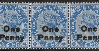 1902  Malta  SG.37a   2½d bright blue  error overprint 'PNNEY' with 2 normal. U/M (MNH)