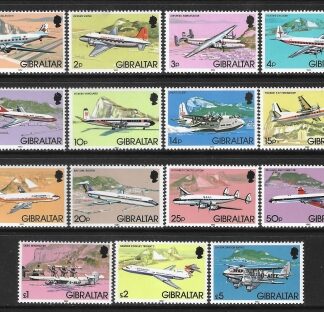 1982  Gibraltar  SG.460-74  Aircraft  set 15 values U/M (MNH)