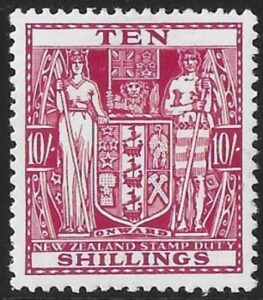 New Zealand - Arms F155  10/- carmine-lake  mounted mint.