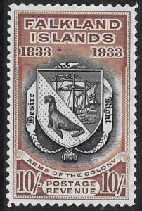 1933 Falkland Islands.  SG.137 10/- black and chestnut  - KGV Centenary. U/M (MNH).