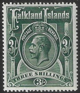 1912 Falkland Islands.  SG.66  KGV. 3/- slate green.  mounted mint.