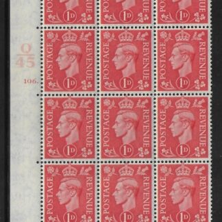 1941 1d pale scarlet cyld. block of 12 - Q5 (SG.486) cyld. 106 dot  control Q45 perf 5(E/I)    U/M