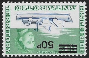 1971 British Antarctic Territories. SG.37w 50p on 10/- ultramarine & emerald. inverted wmk. U/M (MNH)