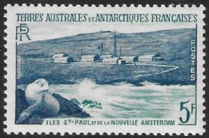 1956 French Antarctic SG.8 5F Kerguelen Fur Seal & Settlement. U/M (MNH)