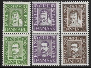 1924 Denmark SG.218A-23A 300th Anniv. of Danish Post. (head facing left). U/M (MNH)