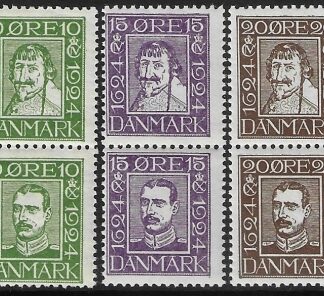 1924 Denmark SG.218A-23A  300th Anniv. of Danish Post. (head facing left). U/M (MNH)